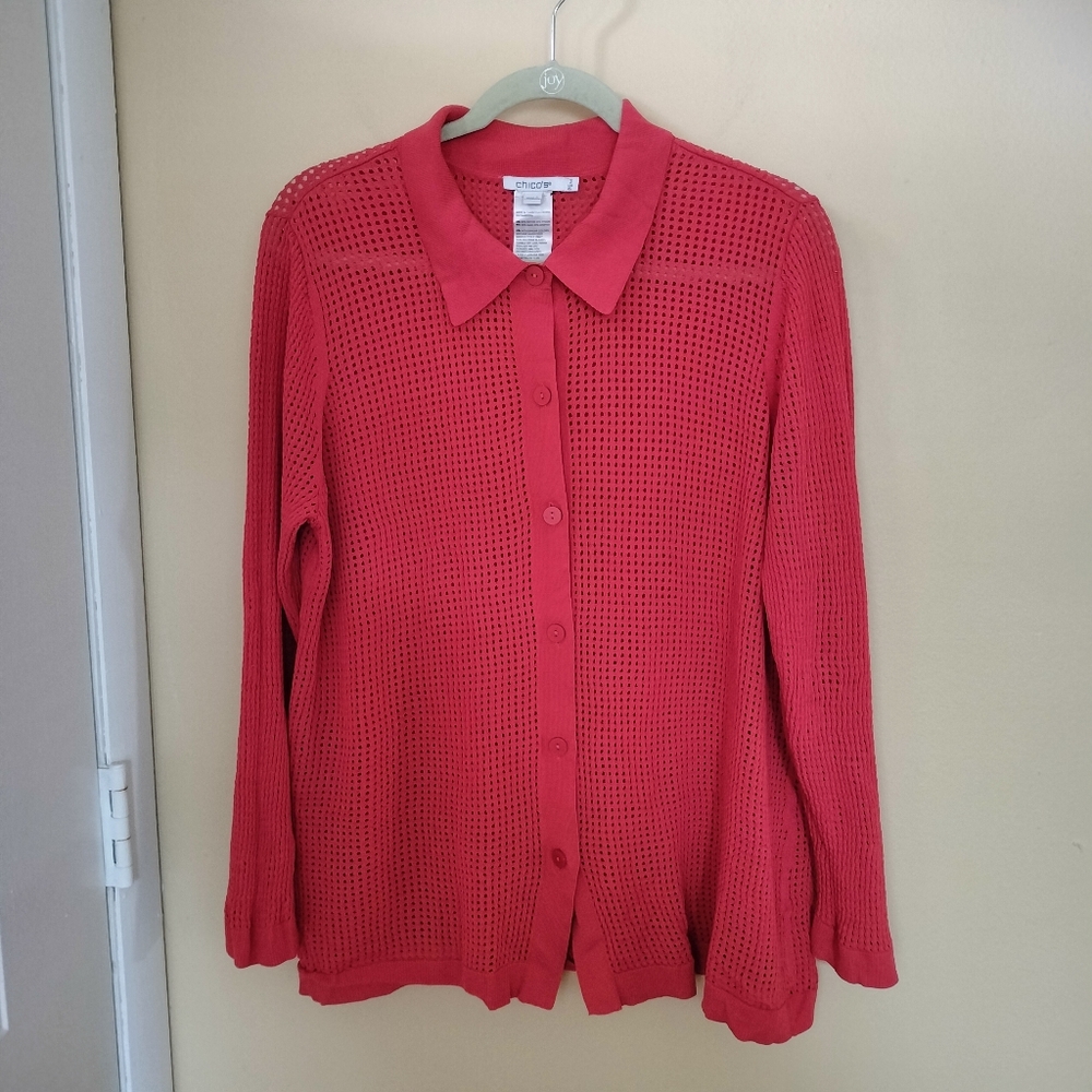 Chicos Collared Open Knit Button Cardigan Orangey Red XL Travel Stretch